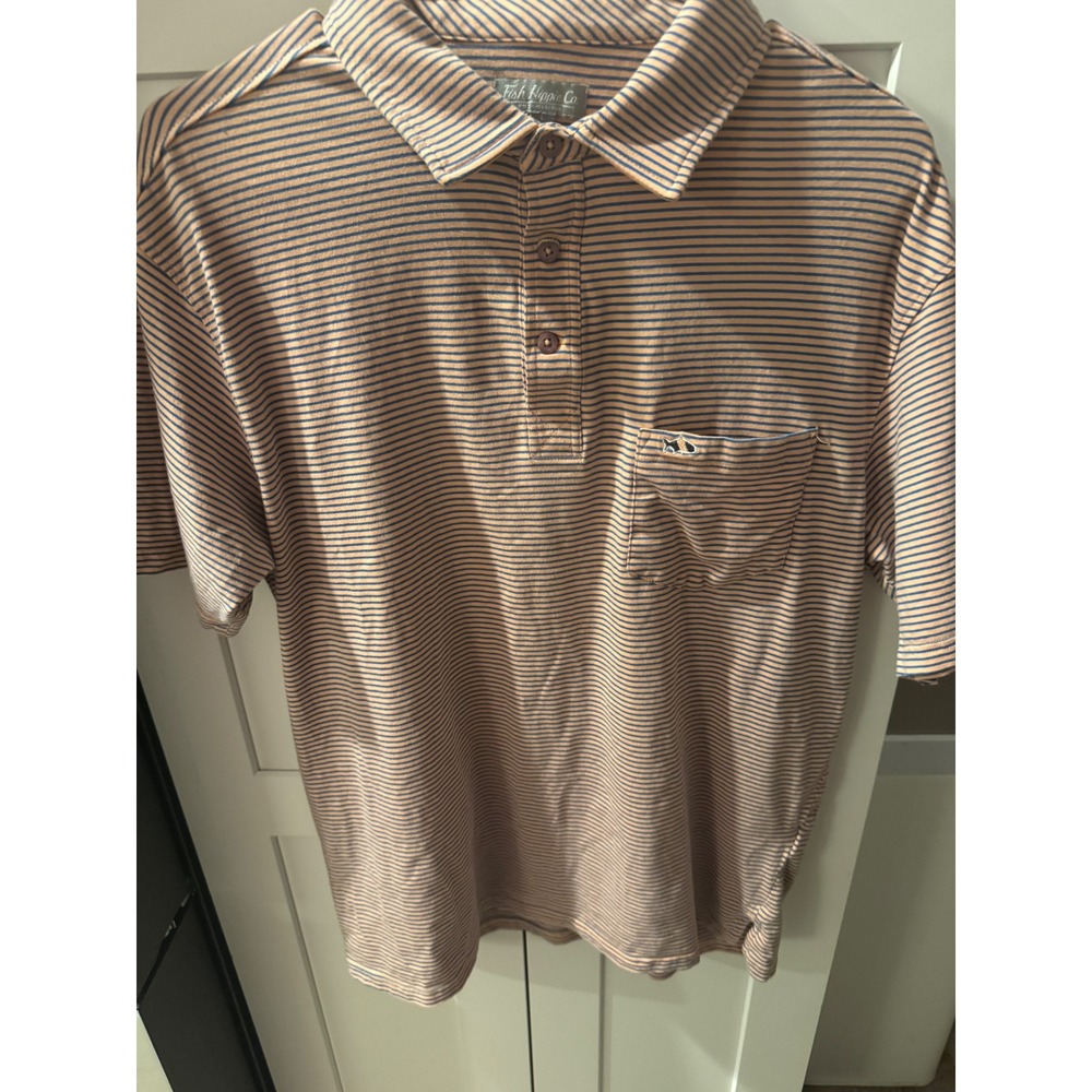 Fish‎ Hippie Co Mens Golf Polo Shirt L Striped Short Sleeve Pocket Button Up